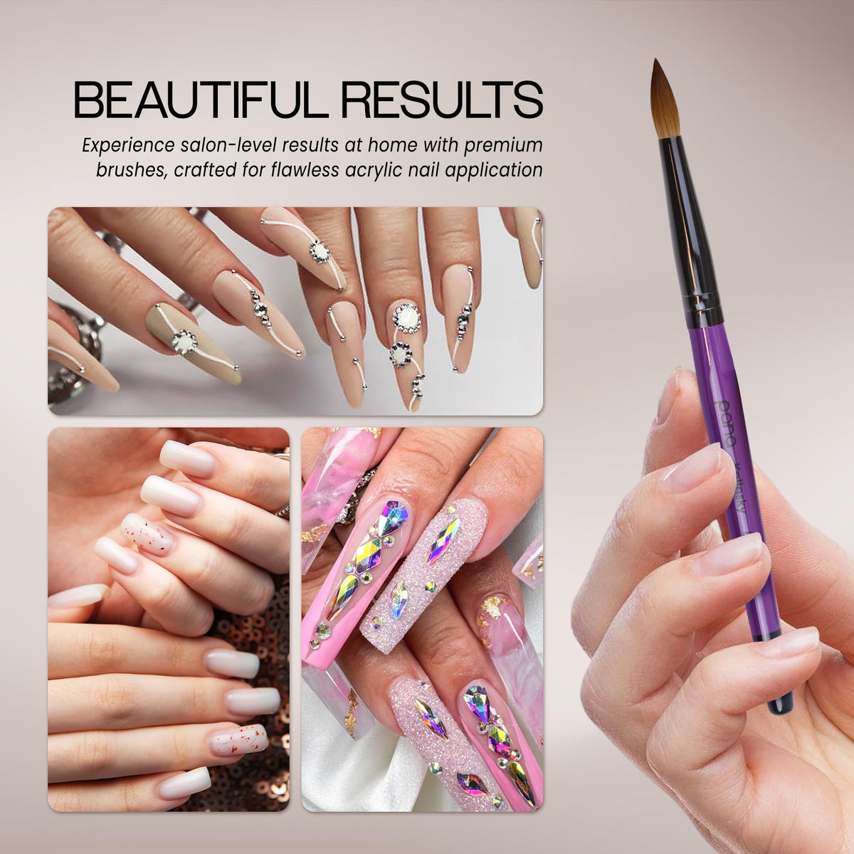 Purple wood handle on a round brush provides comfortable grip during sessions.