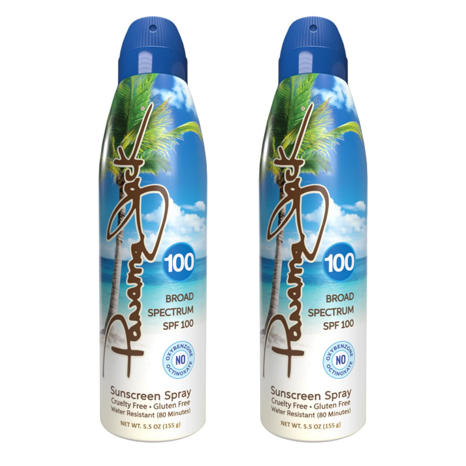 Panama Jack continuous spray sunscreen SPF100 bottle in outdoor setting for quick coverage