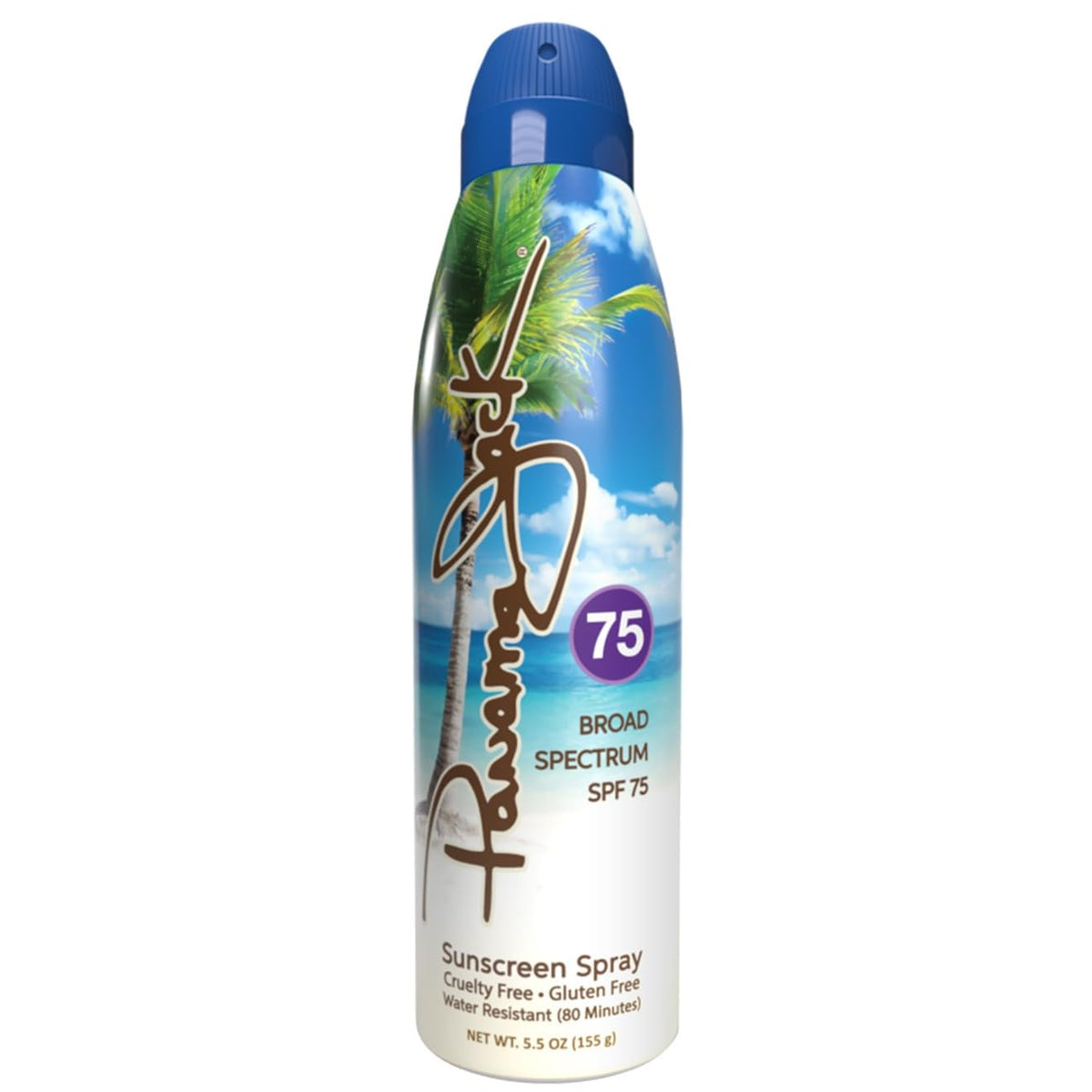 Panama Jack continuous spray sunscreen SPF 75 bottle for easy outdoor protection.