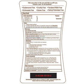 Panama Jack Daily Defense Duo water-resistance label on sunscreen bottle.