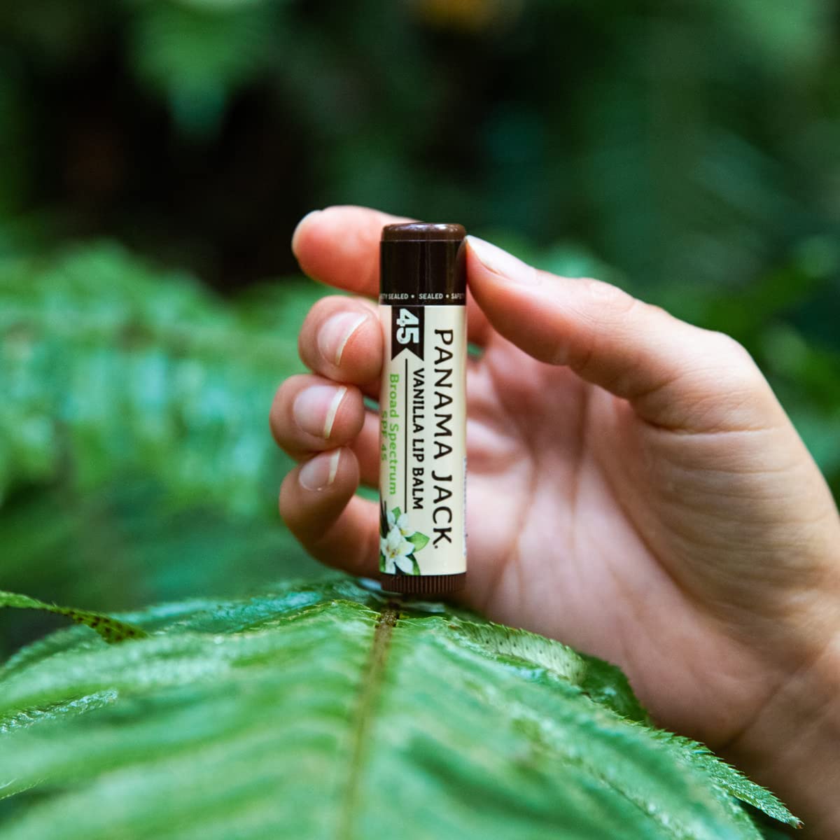 Panama Jack SPF 45 lip balm with adjustable dispensing knob for convenient reapplication.