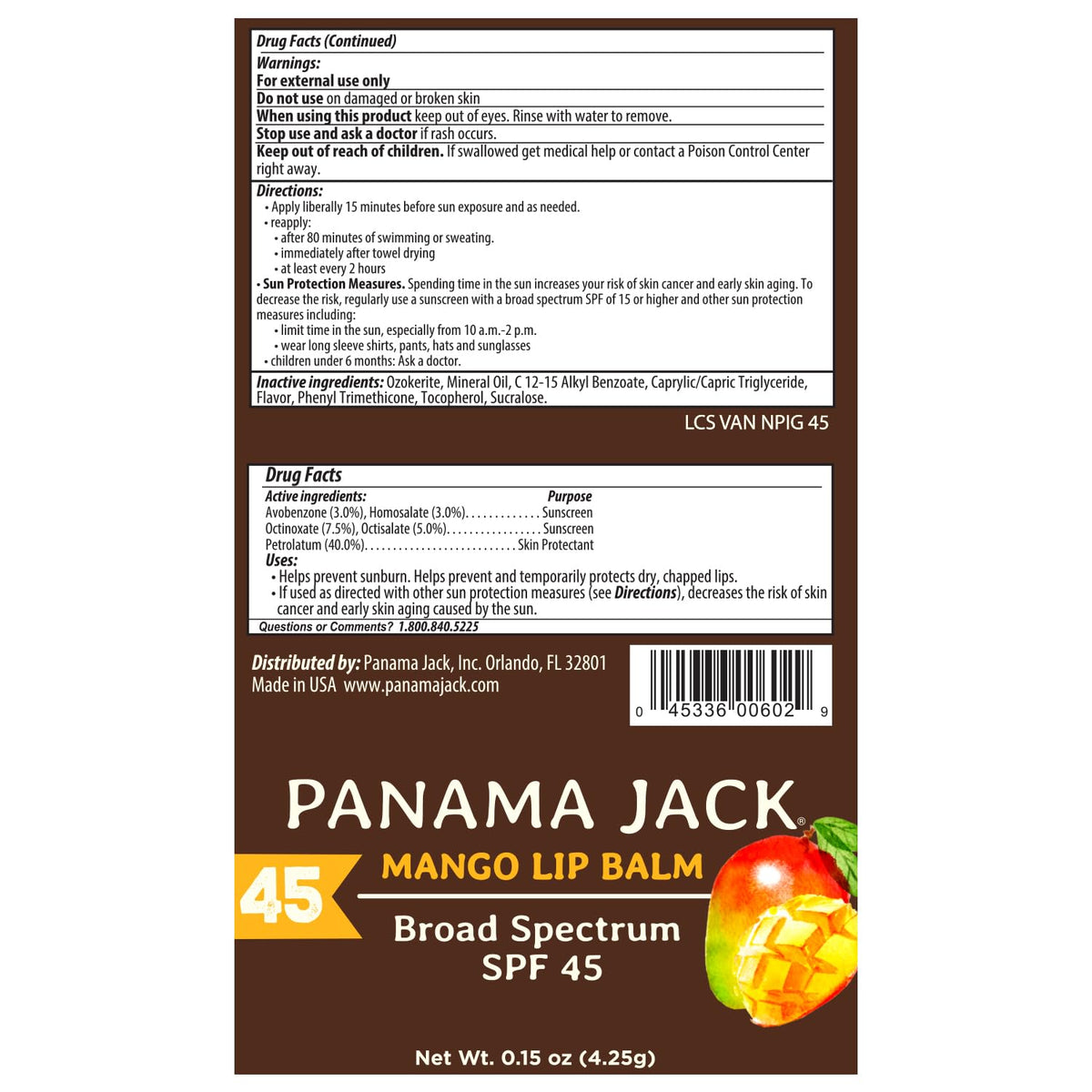 Panama Jack SPF 45 tropical lip balm, fruity scent for outdoor activities.
