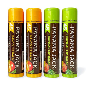 Panama Jack SPF 45 vanilla lip balm bottle provides smooth lip protection on sunny days.