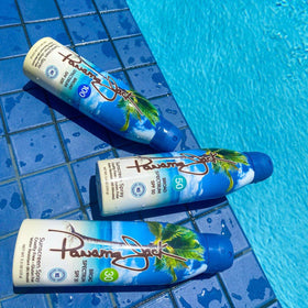 Packaged Panama Jack sunscreen bottle included in travel kit for trips.