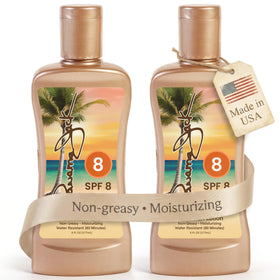 Panama Jack sunscreen tanning lotion SPF 8 bottle shown in compact 6 oz size for travel.