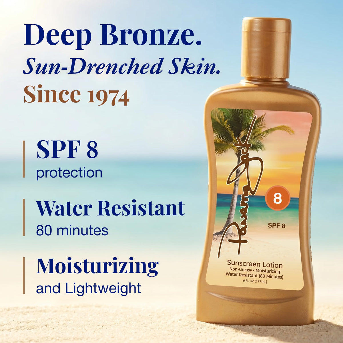 Close-up of Panama Jack tanning lotion texture highlighting antioxidant moisturizing formula.