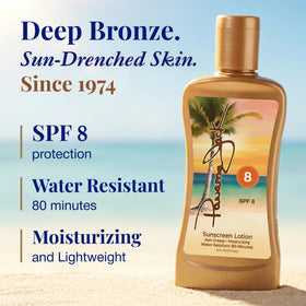 Close-up of Panama Jack tanning lotion texture highlighting antioxidant moisturizing formula.