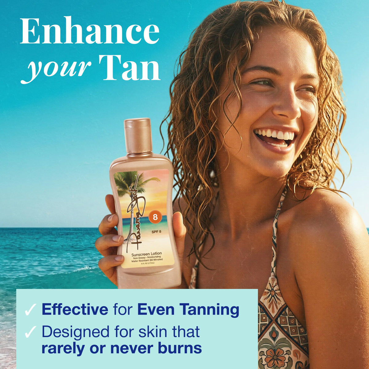 Panama Jack bottle emphasizes 80-minute water resistance for poolside use.