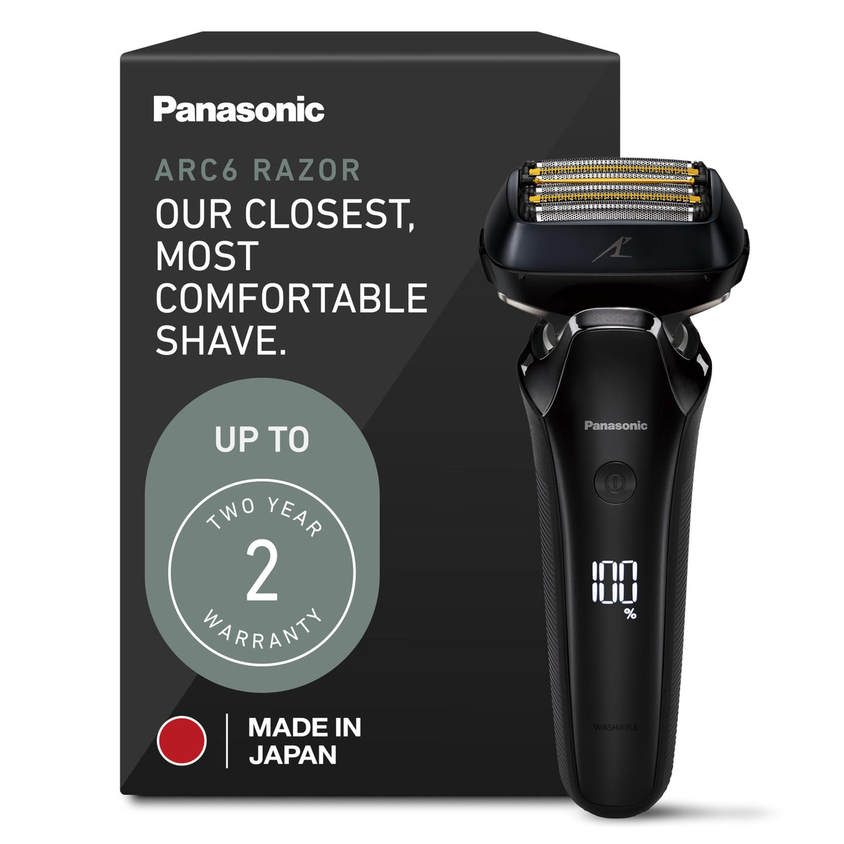 Panasonic ARC6 six-blade head closeup showing precision blades for daily shaves.