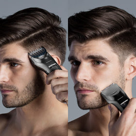 Two attachments expand options for hair and beard trimming.