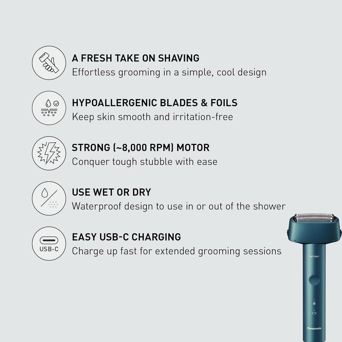Panasonic ES-RM3B-A ergonomic handle shown for comfortable grip during daily use