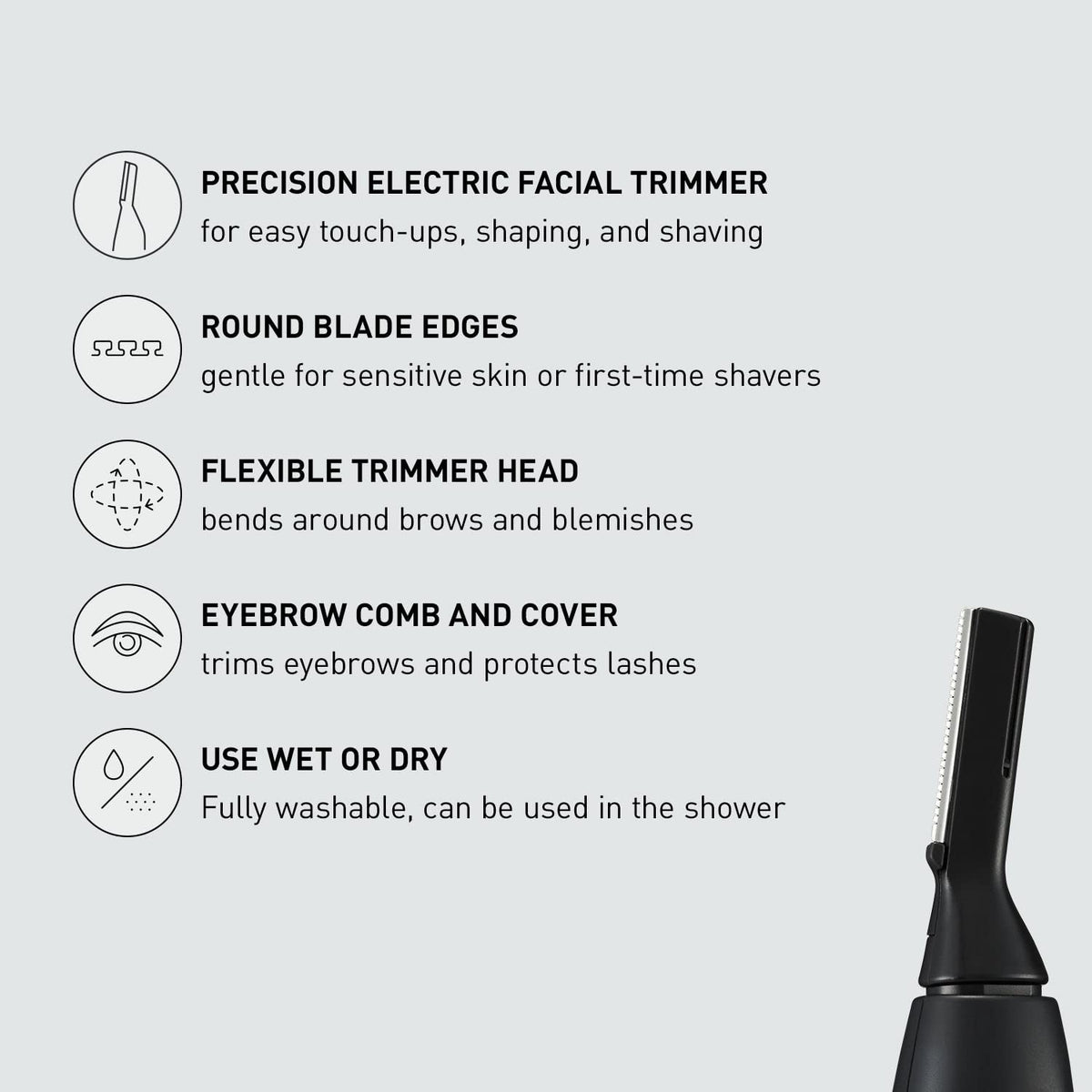 Panasonic GM40-K eyebrow attachments allow precise brow shaping without irritation.