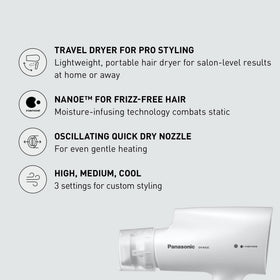 Panasonic nanoe technology hydrates hair to reduce frizz during travel.