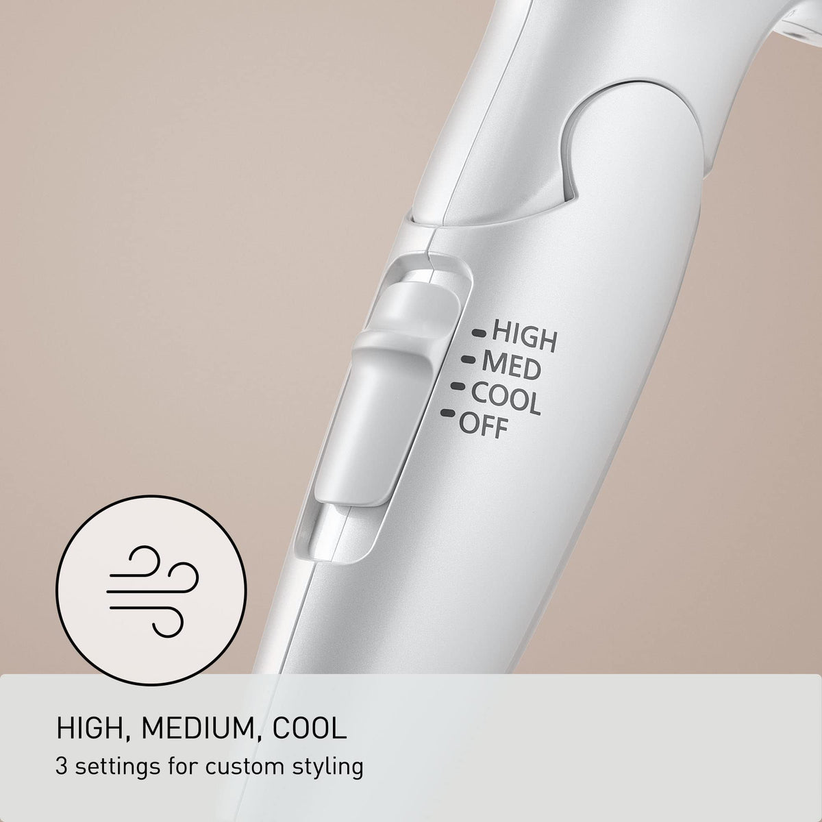 Three airflow settings High Medium Cool for customized styling.