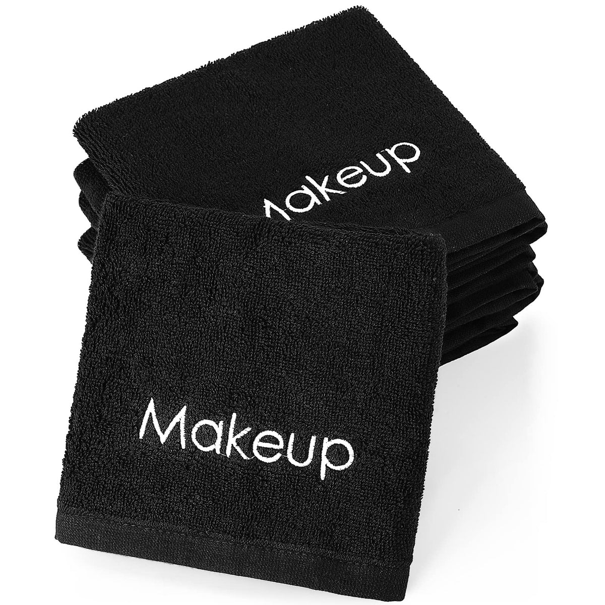 Panelee makeup washcloths in black, 12pcs, 13in, soft and absorbent for gentle makeup removal.