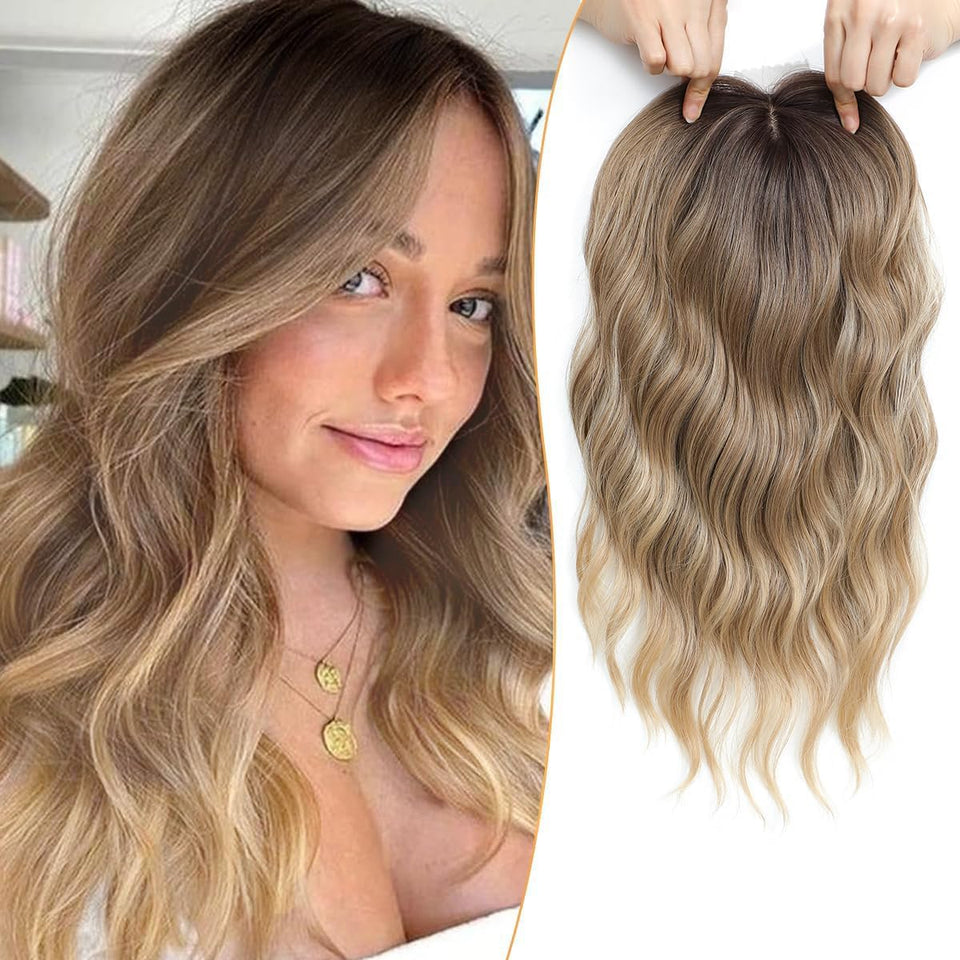 PANEWAY 16-inch wavy curly topper blends with dark root for natural-volume look.
