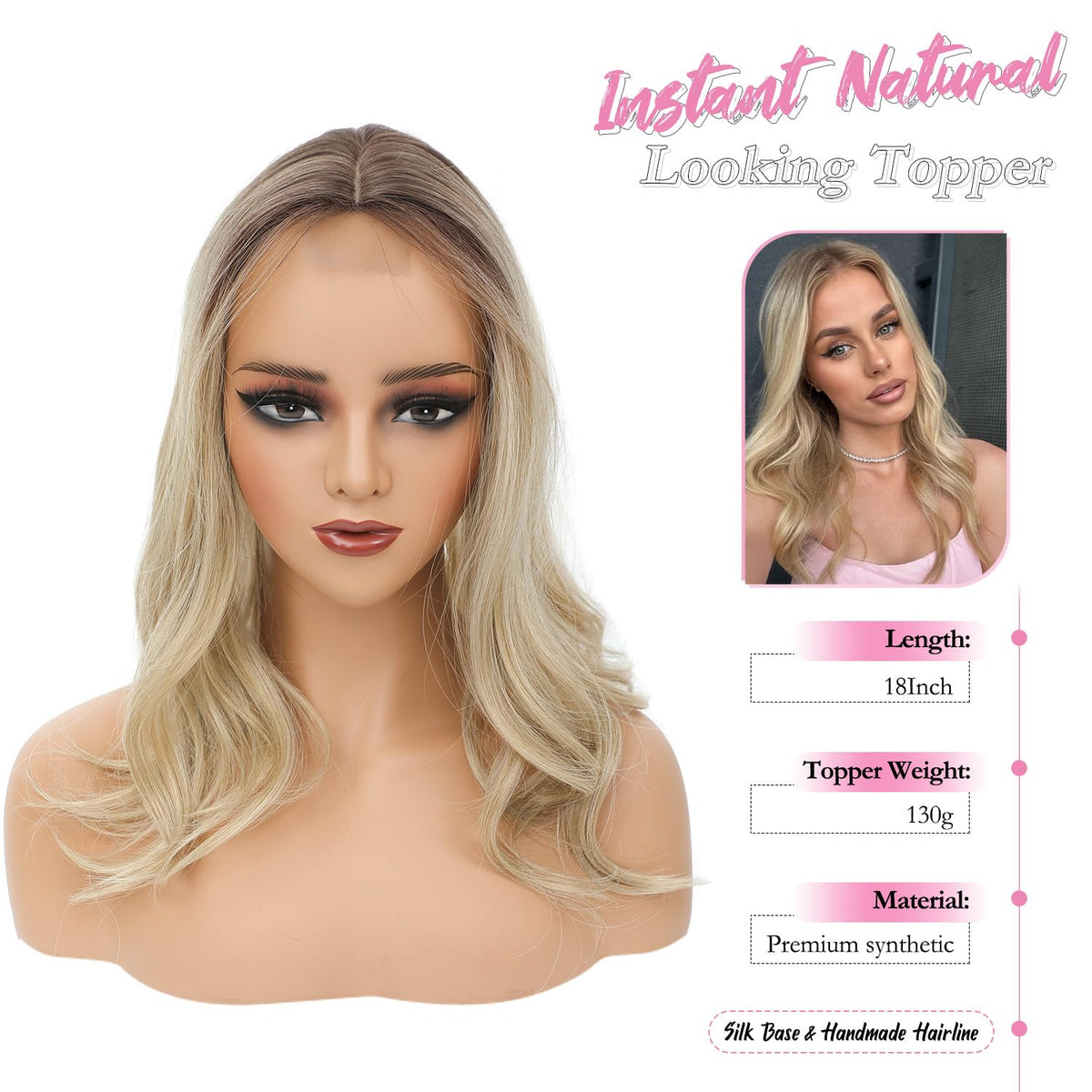 PANEWAY bleached blonde with dark roots topper close-up reveals realistic scalp color.