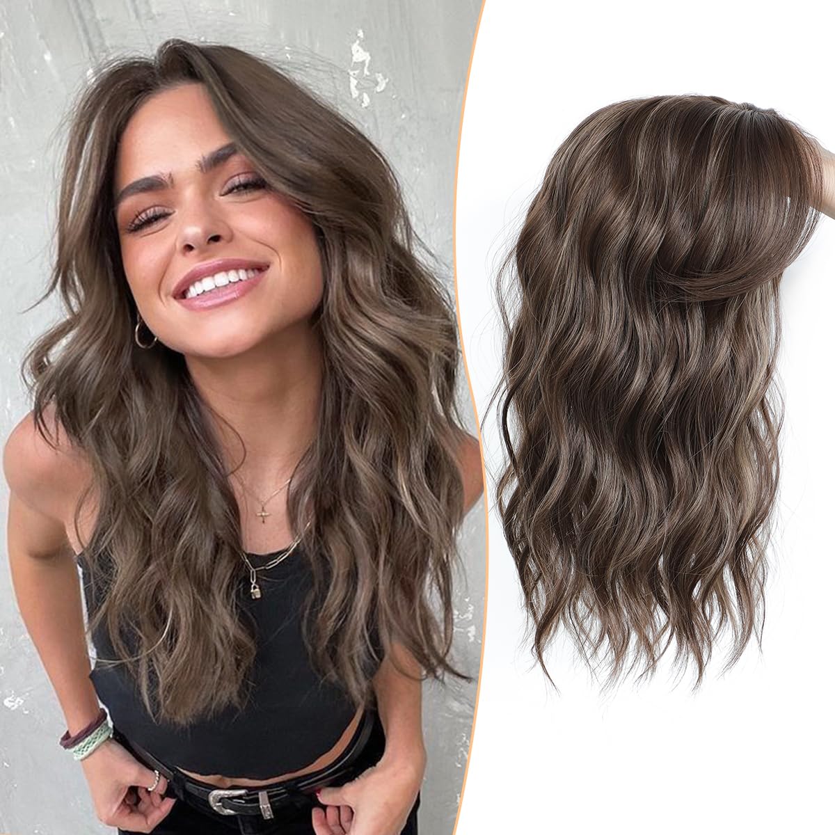PANEWAY Hair Topper 16-inch, wavy brown highlights, blends naturally for fuller look.