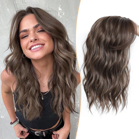 PANEWAY Hair Topper 16-inch, wavy brown highlights, blends naturally for fuller look.