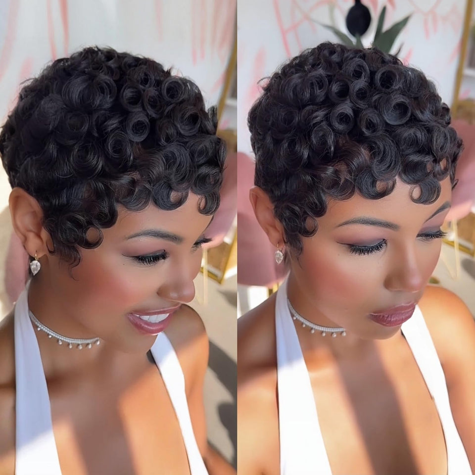 PangDongLai pixie-cut curly wig with bangs for a natural look and versatile styling.