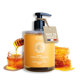 Panier des Sens honey liquid hand soap bottle highlights refined packaging for daily cleansing.