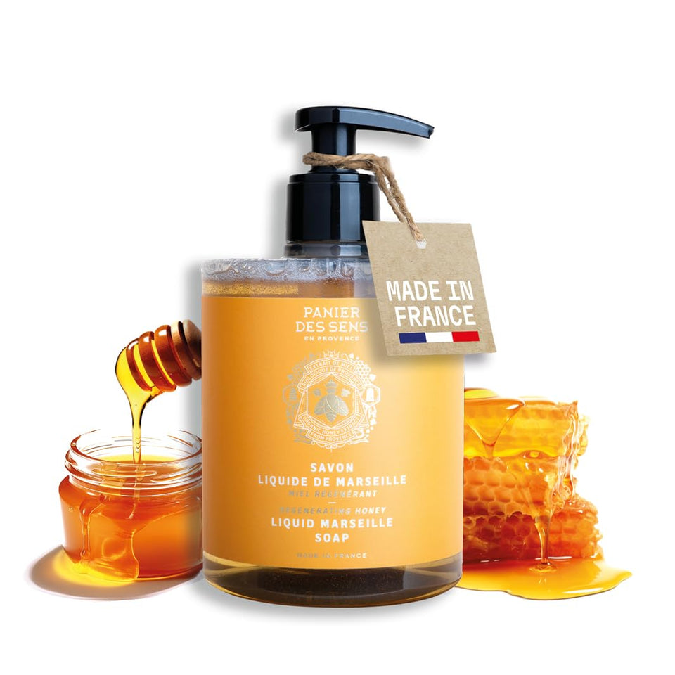 Panier des Sens honey liquid hand soap bottle highlights refined packaging for daily cleansing.