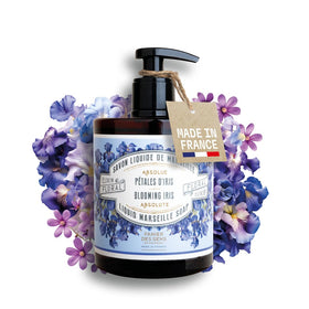 Panier des Sens Iris liquid hand soap bottle front with Marseille-inspired packaging; ideal for everyday hand cleansing.
