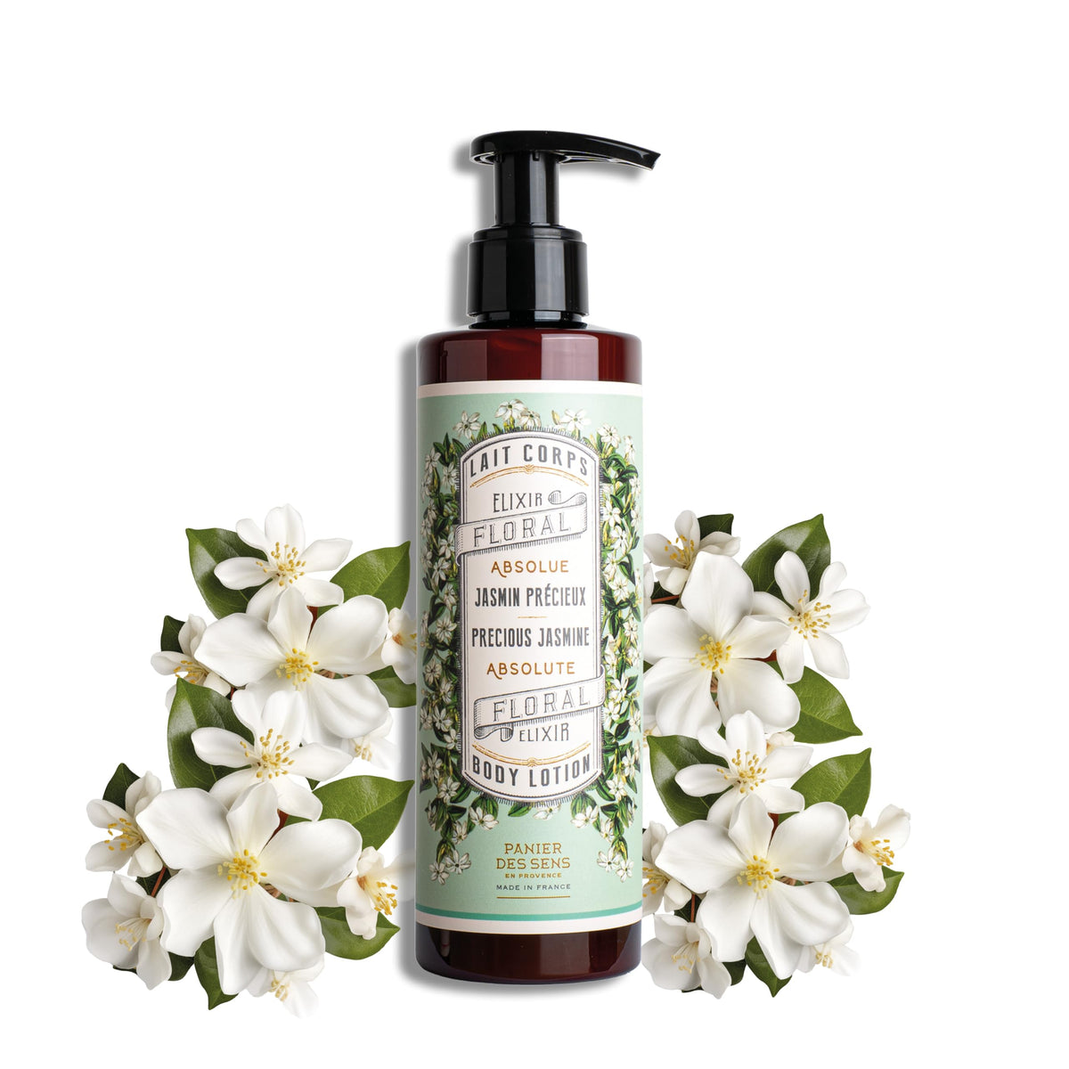 Panier des Sens Jasmine Hand & Body Lotion bottle displaying hydrating formula.