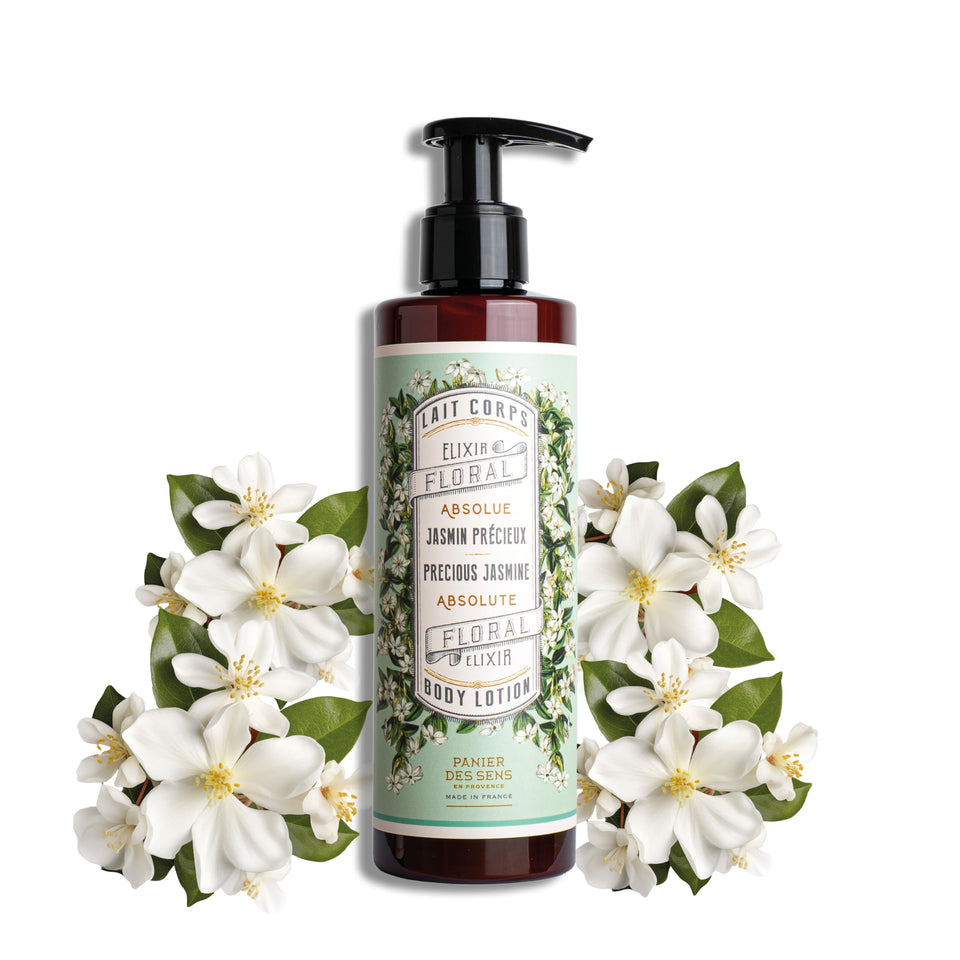 Panier des Sens Jasmine Hand & Body Lotion bottle displaying hydrating formula.