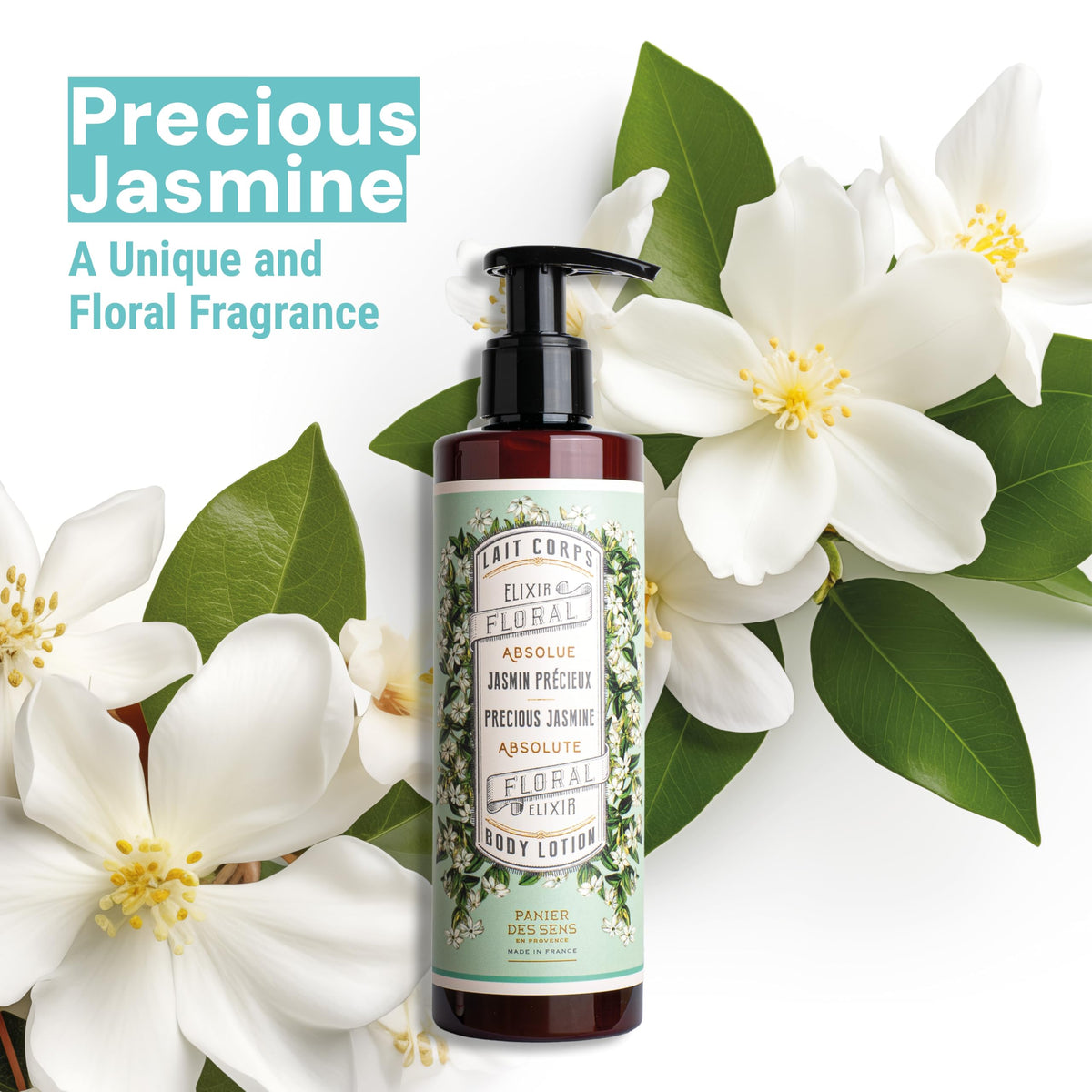 Panier des Sens Jasmine Hand & Body Lotion texture close-up for quick absorption.