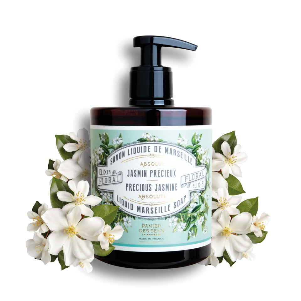 Panier des Sens Jasmine Hand Soap bottle pouring, gentle cleansing for daily use.