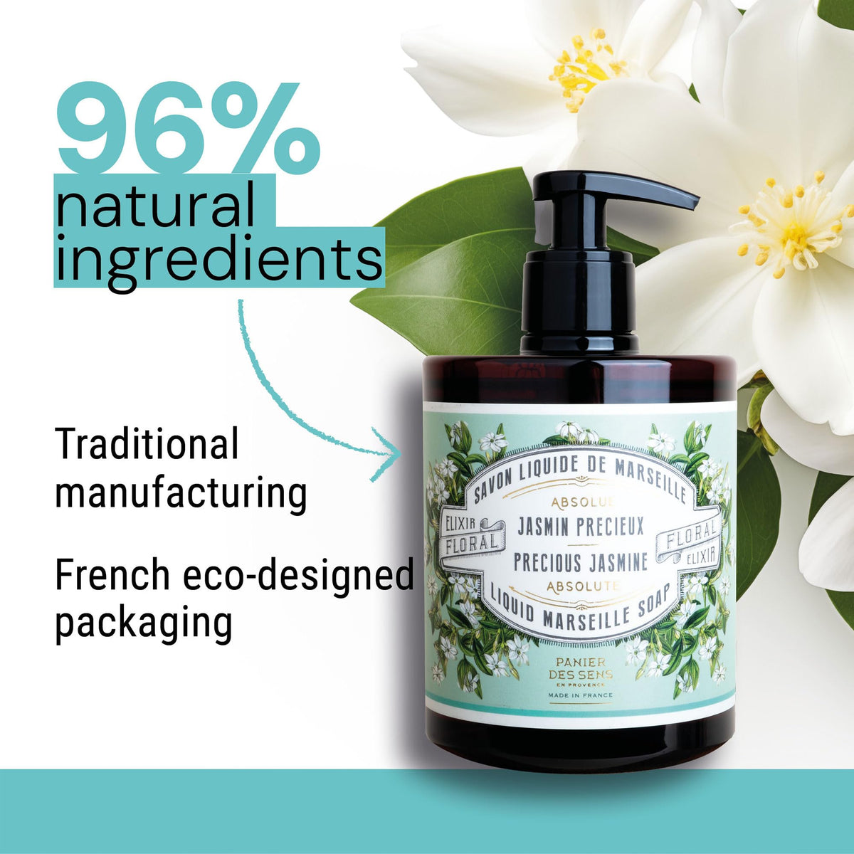 Panier des Sens Jasmine Hand Soap refill pack indicating eco-conscious, reduce plastic usage.