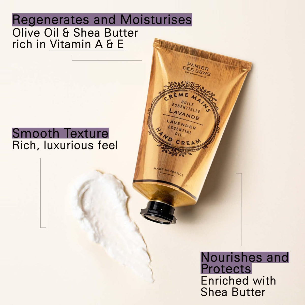 Lavender flowers and olive oil highlight the natural formula of Panier des Sens.