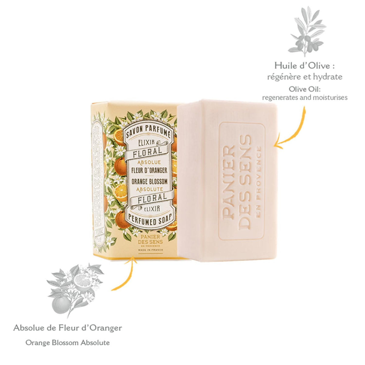 Panier des Sens orange blossom soap bar close-up texture highlights creamy lather
