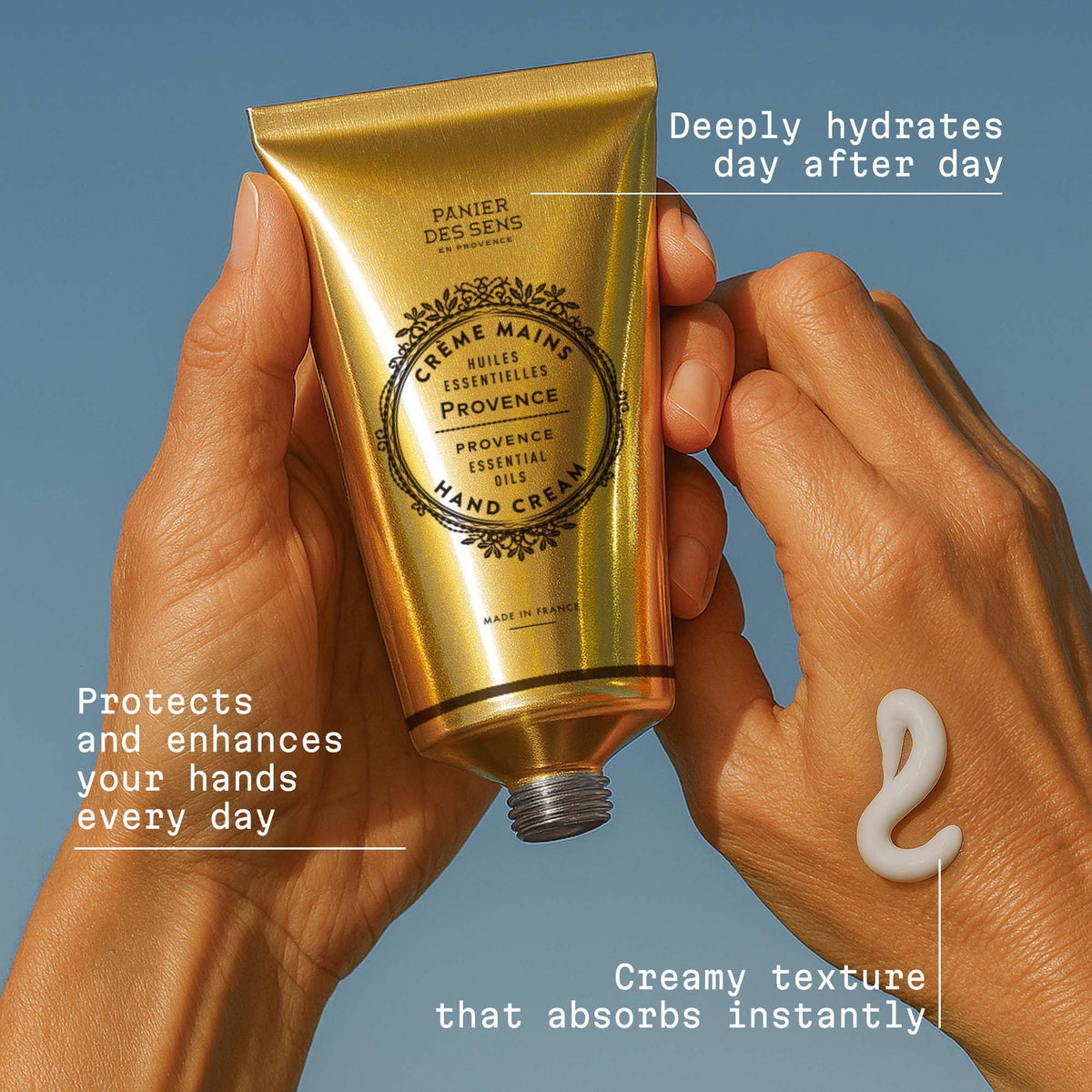 Panier des Sens Provence Citrus hand cream application demonstrates easy daily use.