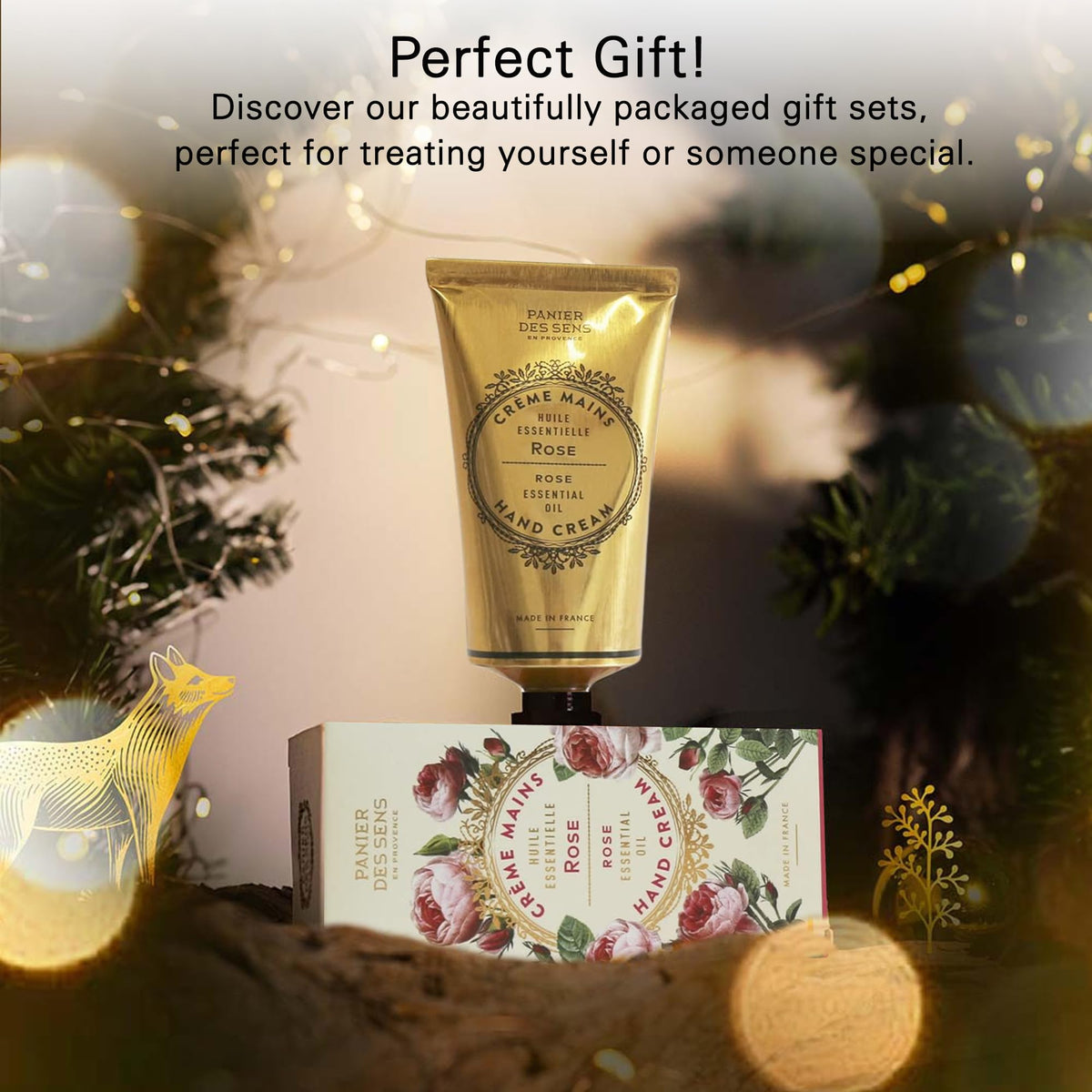 Panier des Sens Rose Hand Cream packaging emphasizes sustainability and natural ingredients.