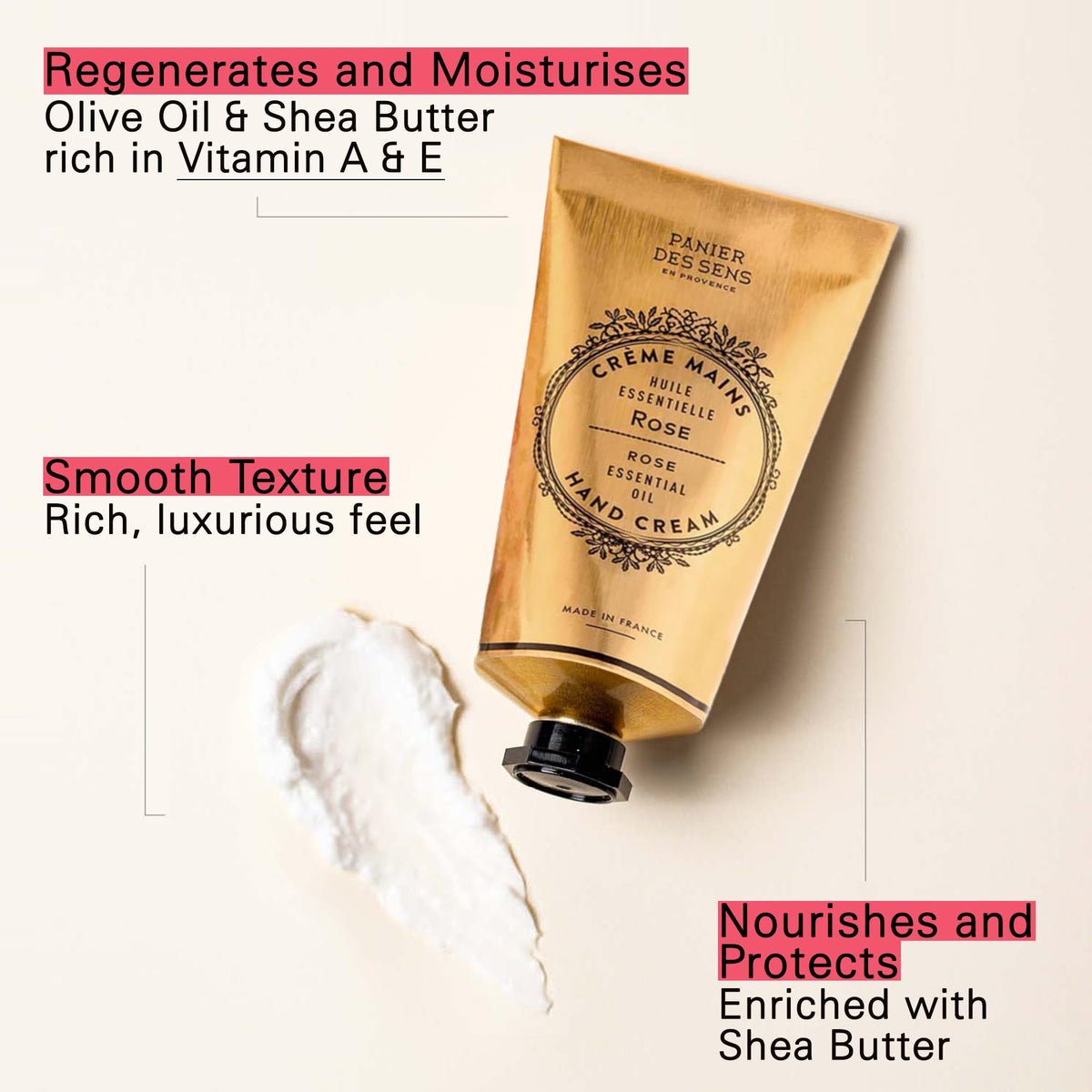 Panier des Sens Rose Hand Cream texture close-up highlights silky cream for daily comfort.