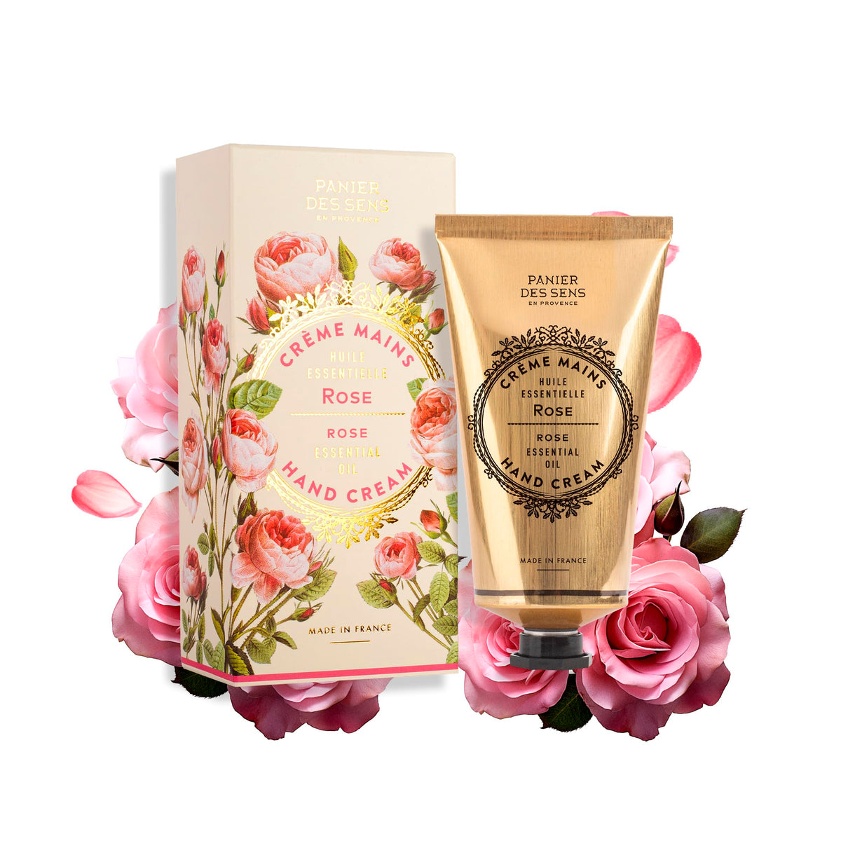 Panier des Sens Rose Hand Cream front tube showing rich hydration for dry hands.