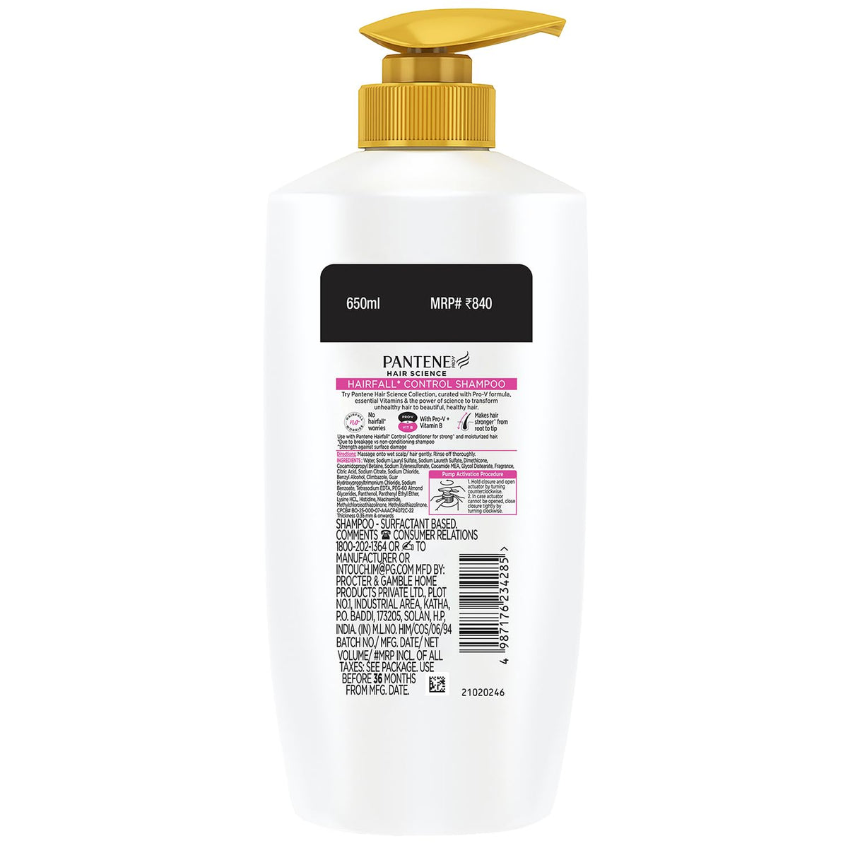 Pantene Advanced Hair Fall Shampoo label detail emphasizes protection from styling damage.