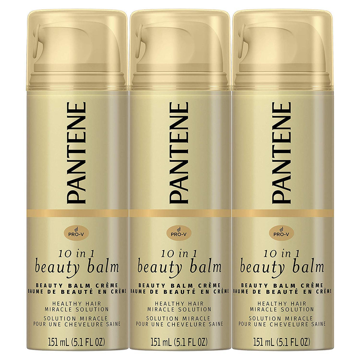 Pantene Beauty Balm trio bottles; leave-in treatment for smoother, shinier hair.