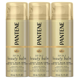 Pantene Beauty Balm trio bottles; leave-in treatment for smoother, shinier hair.