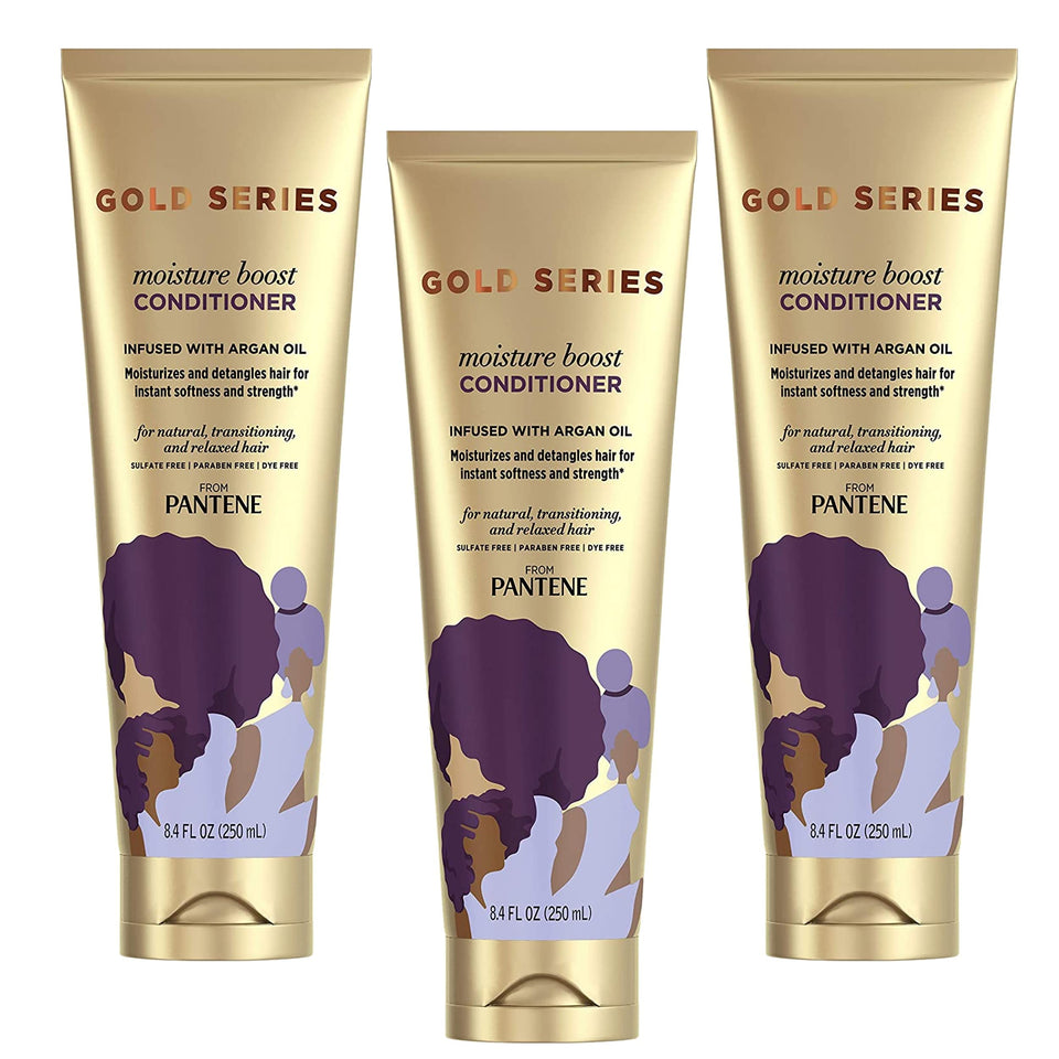 Pantene Gold Series Moist Boost Conditioner bottle pouring for rich hydration and smooth detangling.