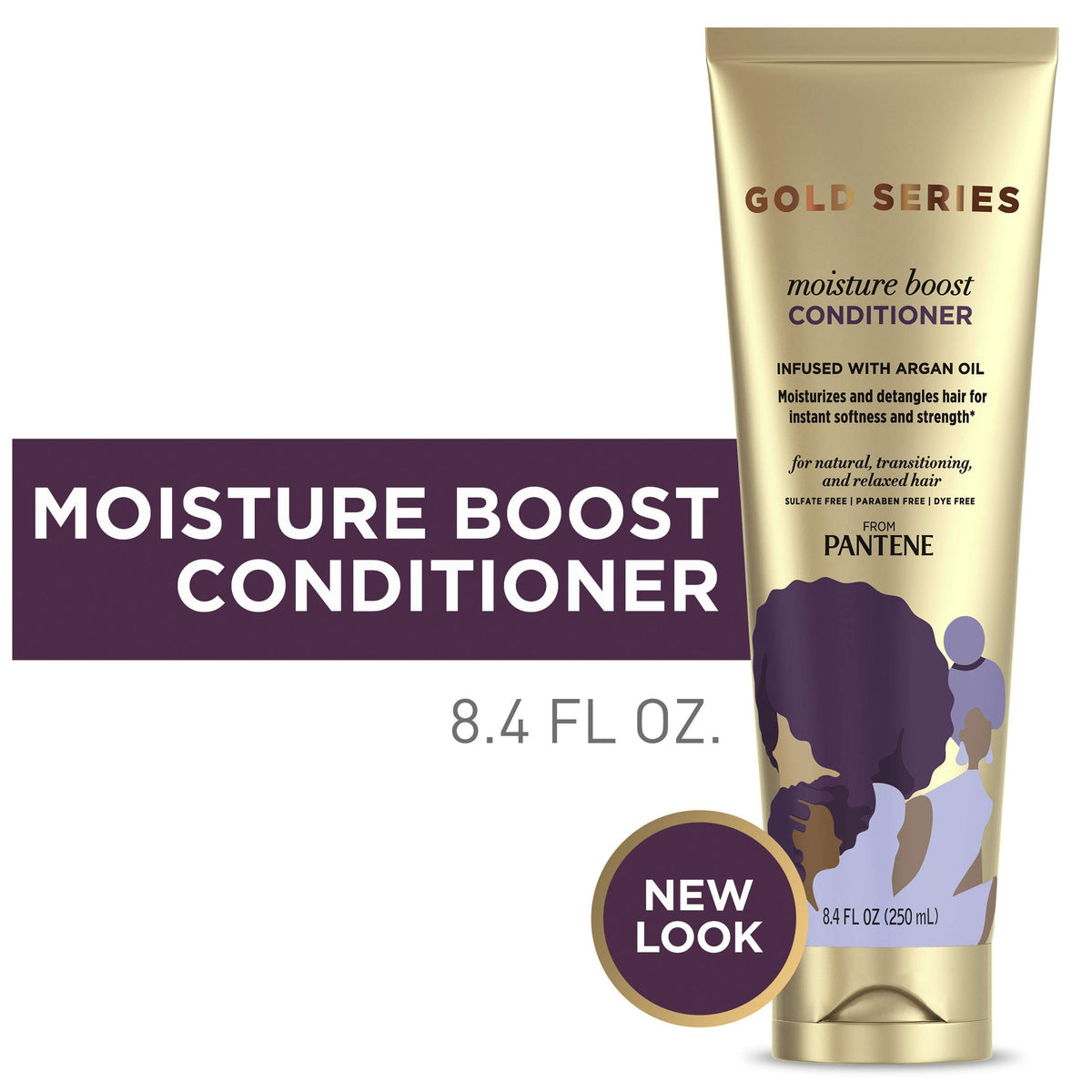 Pantene Gold Series Moist Boost Conditioner label close-up highlighting moisture benefits.