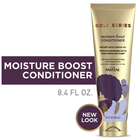 Pantene Gold Series Moist Boost Conditioner label close-up highlighting moisture benefits.