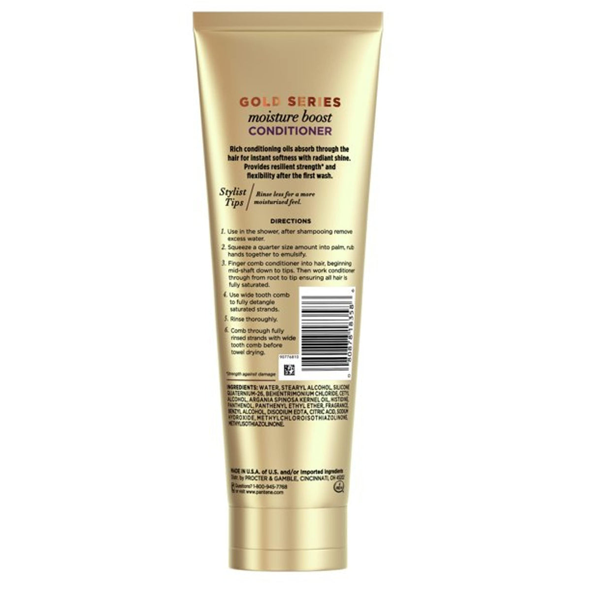 Pantene Gold Series Moist Boost Conditioner pump in action delivering detangling support.