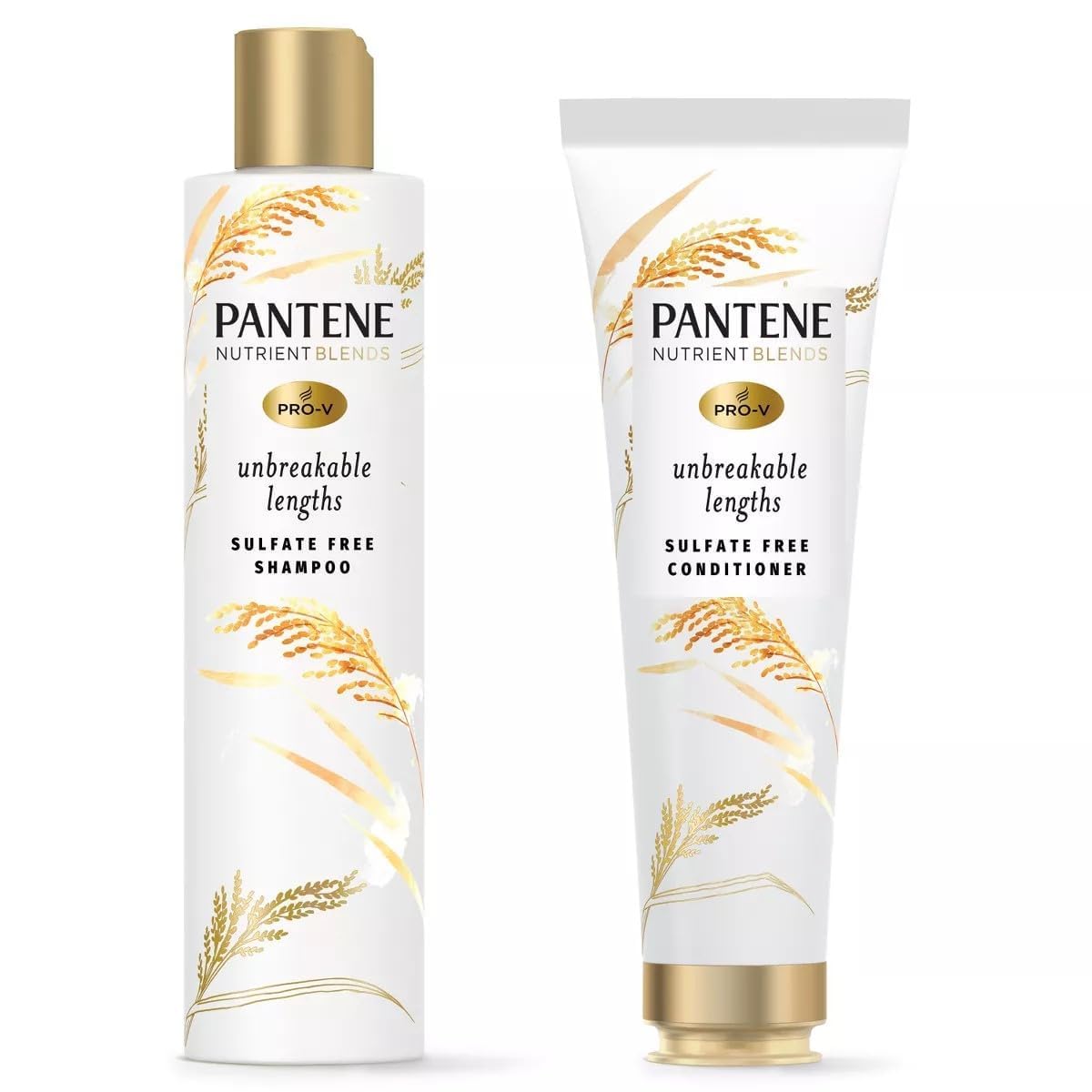 Pantene Nutrient Blends Unbreakable Lengths shampoo bottle front promotes stronger, longer hair.
