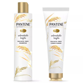Pantene Nutrient Blends Unbreakable Lengths shampoo bottle front promotes stronger, longer hair.