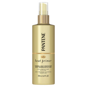Pantene Nutrient Boost bottle close-up for reliable heat protection during styling.