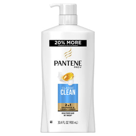 Pantene Pro-V Classic Clean 2In1 shampoo bottle for daily cleansing across hair types.