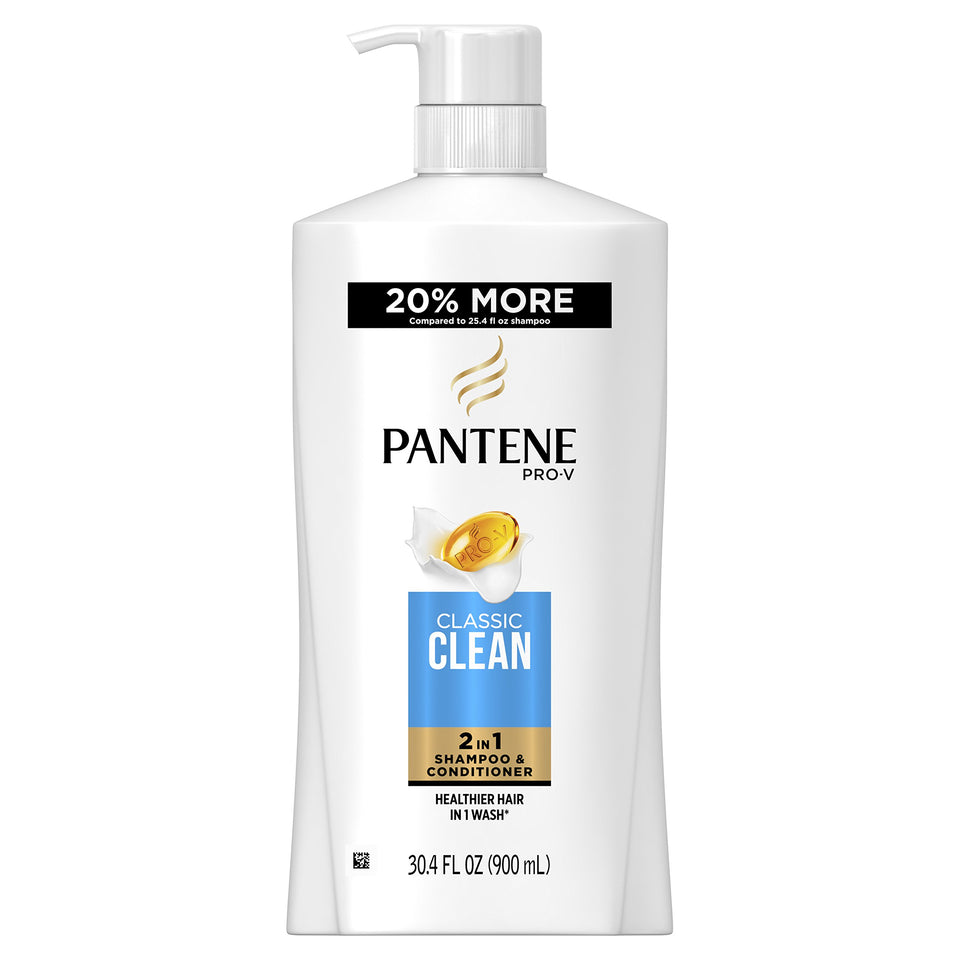 Pantene Pro-V Classic Clean 2In1 shampoo bottle for daily cleansing across hair types.